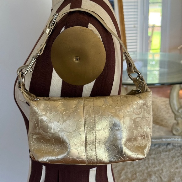 COACH Mini Top Handle Shoulder Bag Metallic Gold Embossed Signature C Leather - Picture 1 of 11